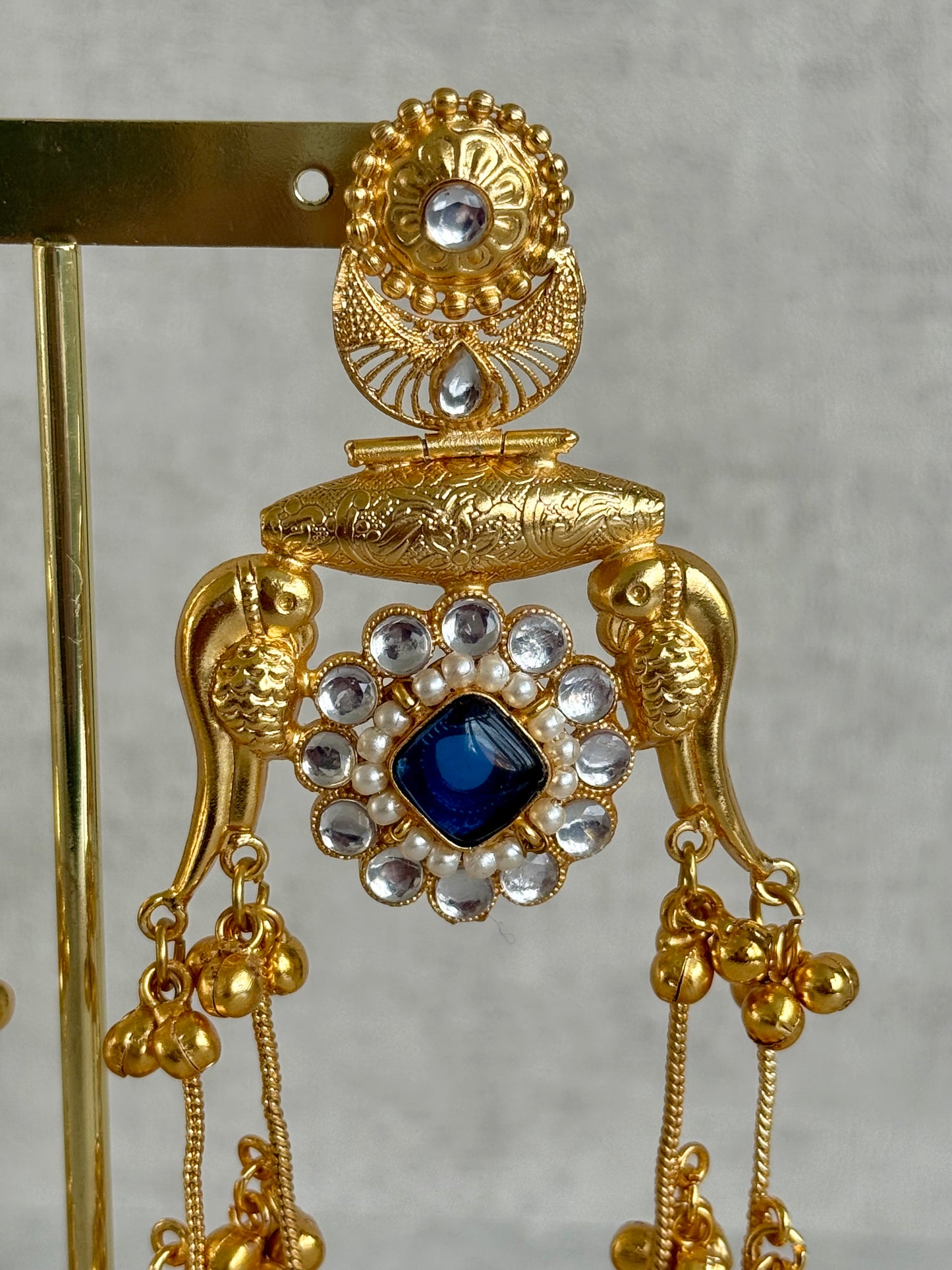 Ayura Designs Meelan Earrings – Antique Gold Earrings with Bird Motifs, Navy Stone & Ghungroo Detailing