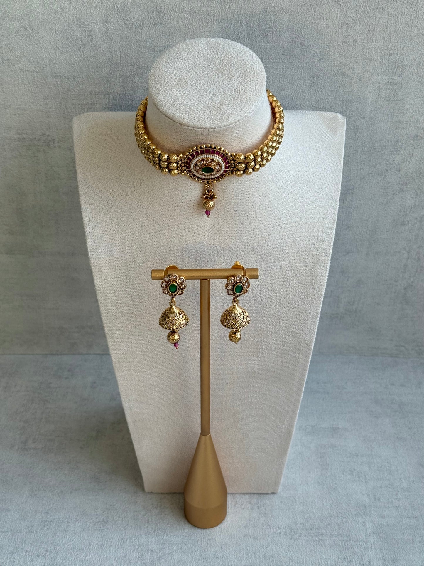 Ayura Designs Kavish Choker Set – Antique Gold Choker with Jhumkis in Rani Pink & Emerald Green with Pearl Detailing