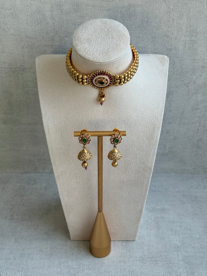 Ayura Designs Kavish Choker Set – Antique Gold Choker with Jhumkis in Rani Pink & Emerald Green with Pearl Detailing