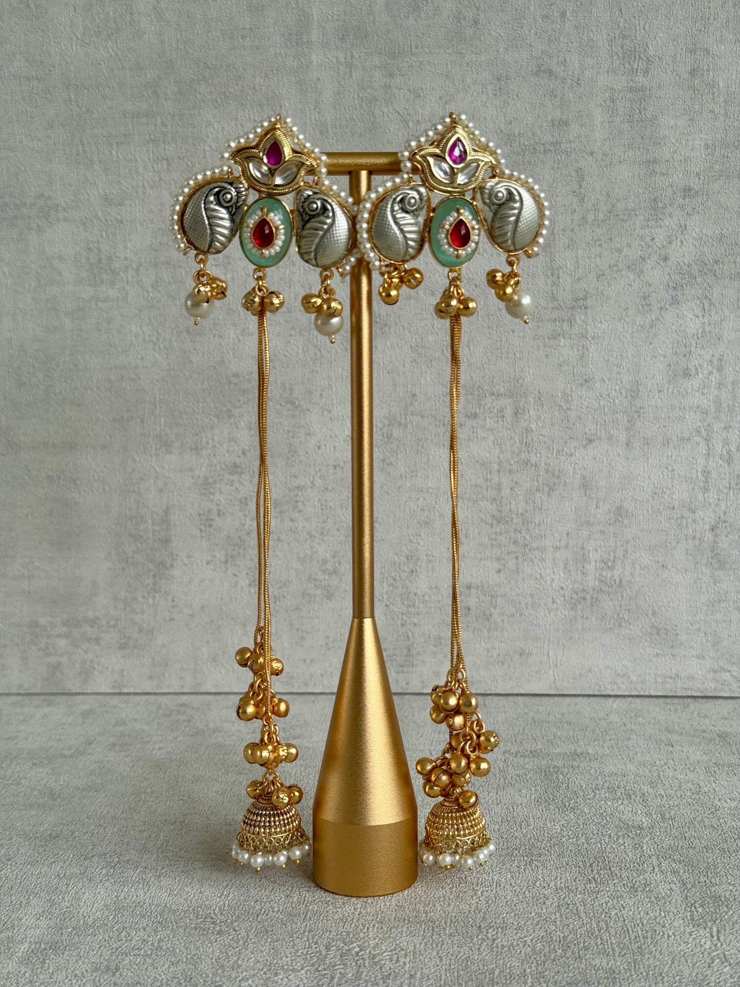 Ayura Designs Sozni Kashmiri Earrings – Kashmiri-Inspired Meenakari with Pistachio Green & Ruby Detailing