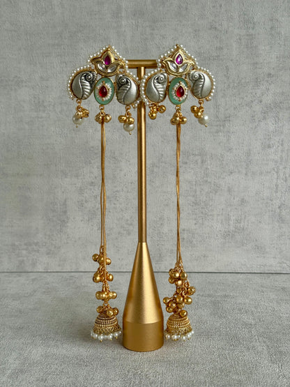 Ayura Designs Sozni Kashmiri Earrings – Kashmiri-Inspired Meenakari with Pistachio Green & Ruby Detailing