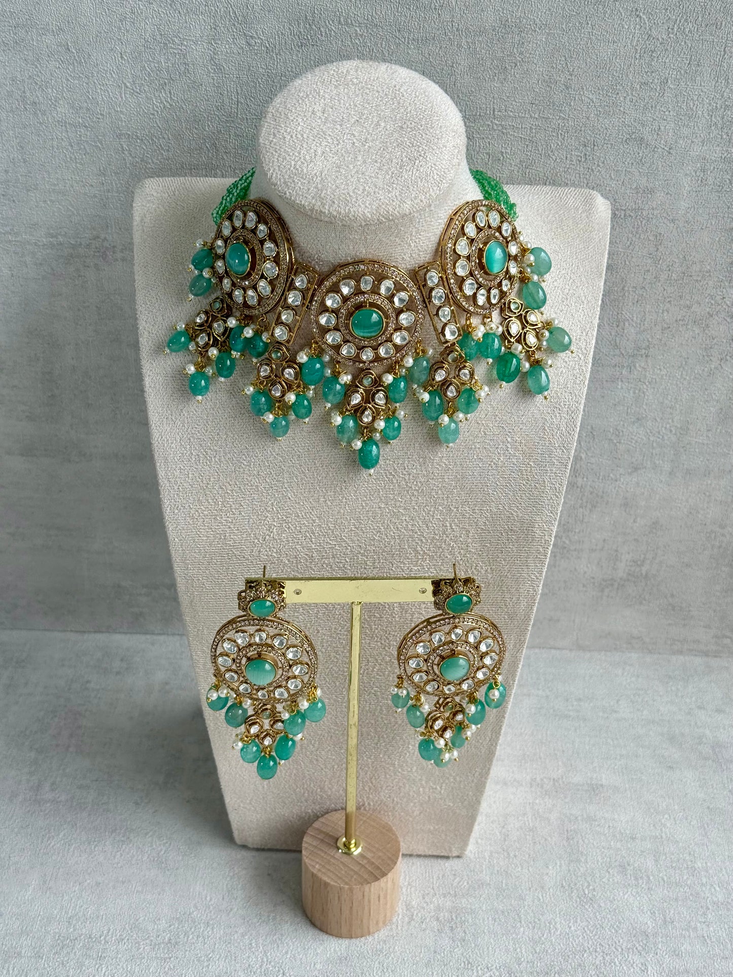 Ayura Designs Harper Set – Antique Gold Choker & Earrings with Mint Green Beads, Kundan Stones & Pearl Detailing