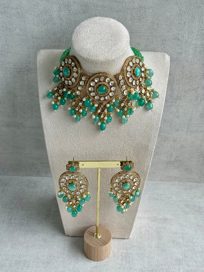 Ayura Designs Harper Set – Antique Gold Choker & Earrings with Mint Green Beads, Kundan Stones & Pearl Detailing