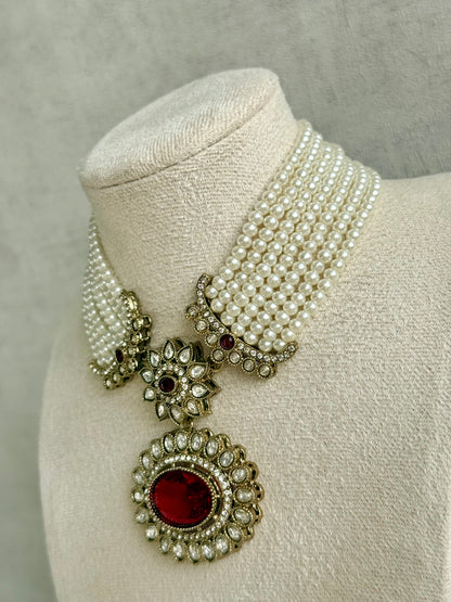 Ayura Designs Amaya Necklace Set with Studs – Antique Finish in Ruby Red Stones with Pearl Strands