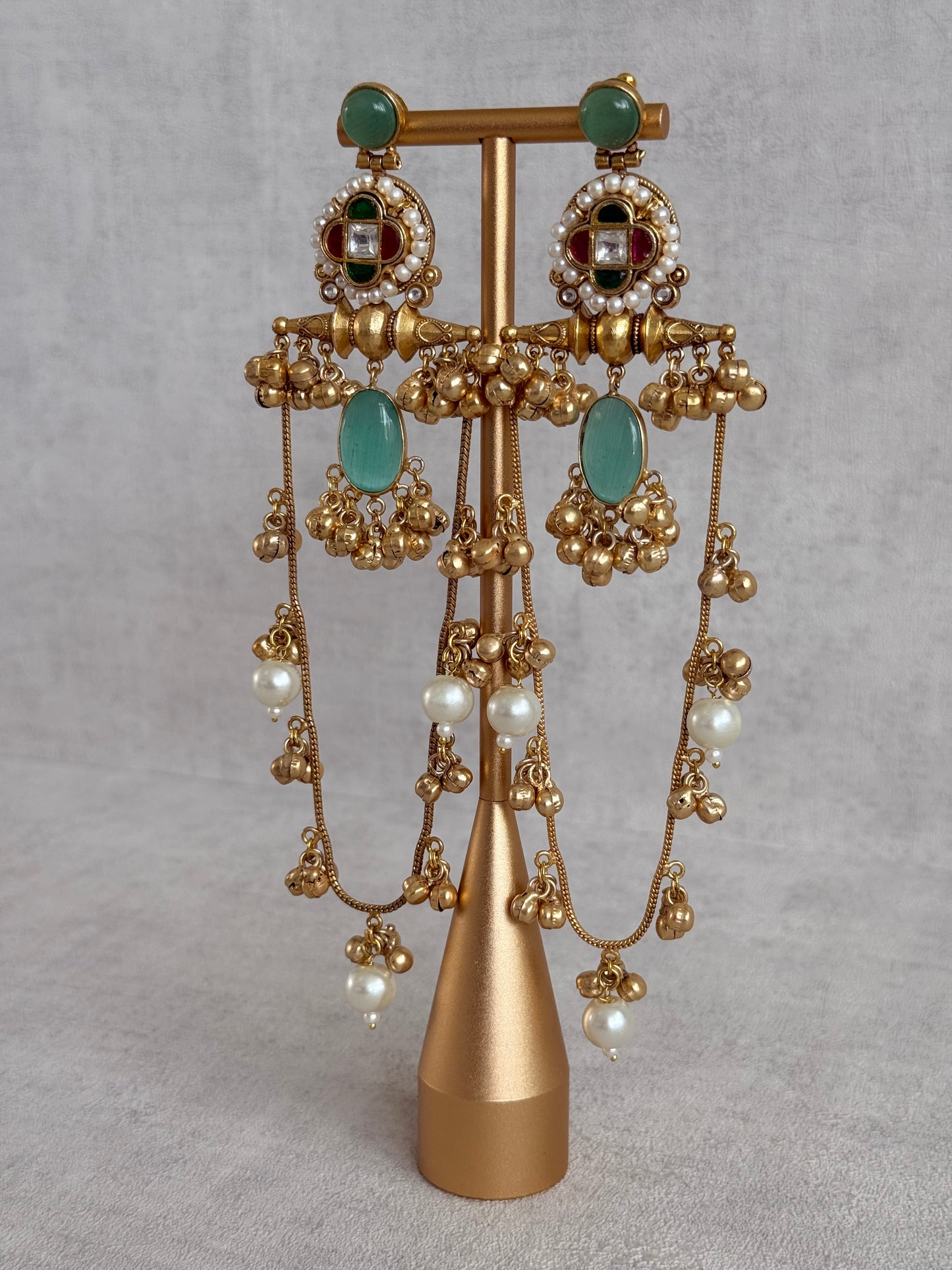 Ayura Designs Kashifa Earrings – Kashmiri Earrings with Mint Green Stone, Ghungroo Detailing & Pearl Drops