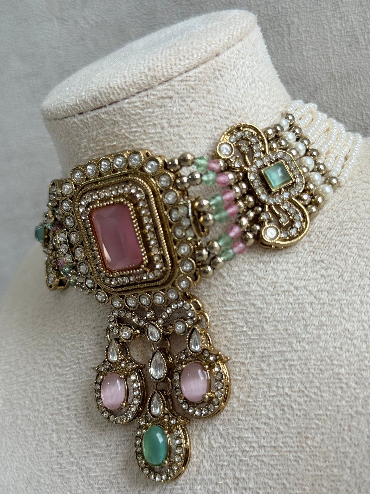 Ayura Designs Nabiha Choker Set with Studs – Blush Pink & Mint Green, Crystal Detailing & Gold Finish
