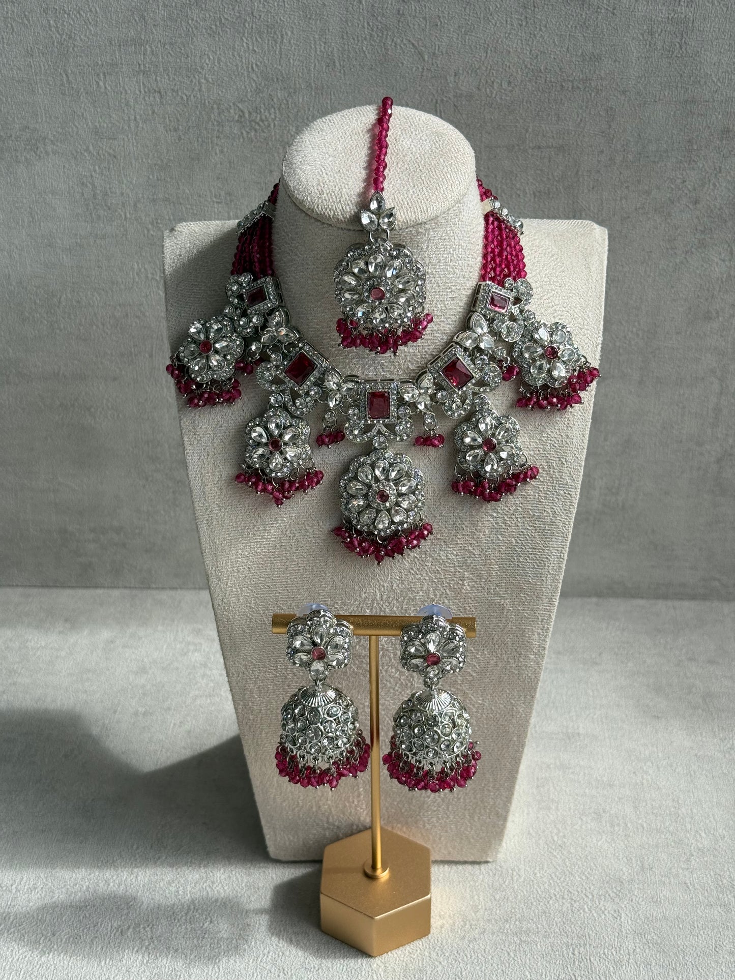 Ayura Designs Zarghuna Set with Jhumkis & Tikka – Fuchsia Beads, Mirror-Cut Stones & Silver Finish