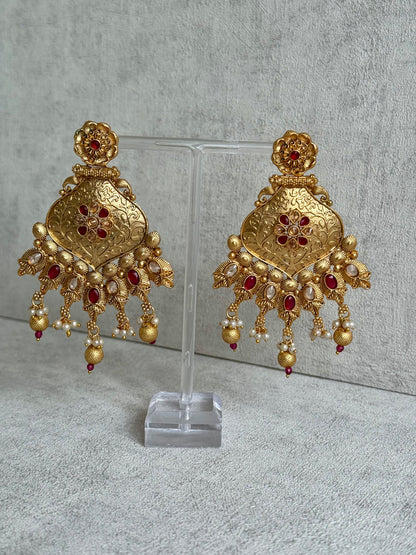 Ayura Designs Neha Earrings – Antique Gold with Ruby Red Stones & Pearl Detailing