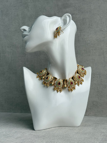 Ayura Designs Aaira Set with Necklace & Studs – Mint Green Meenakari with Rani Pink Centre & Pearl Detailing