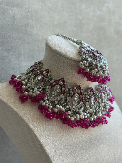 Ayura Designs Wania Set with Jhumkis, Tikka & Passa – Fuchsia Beads, Mirror-Cut Stones & Antique Silver Finish