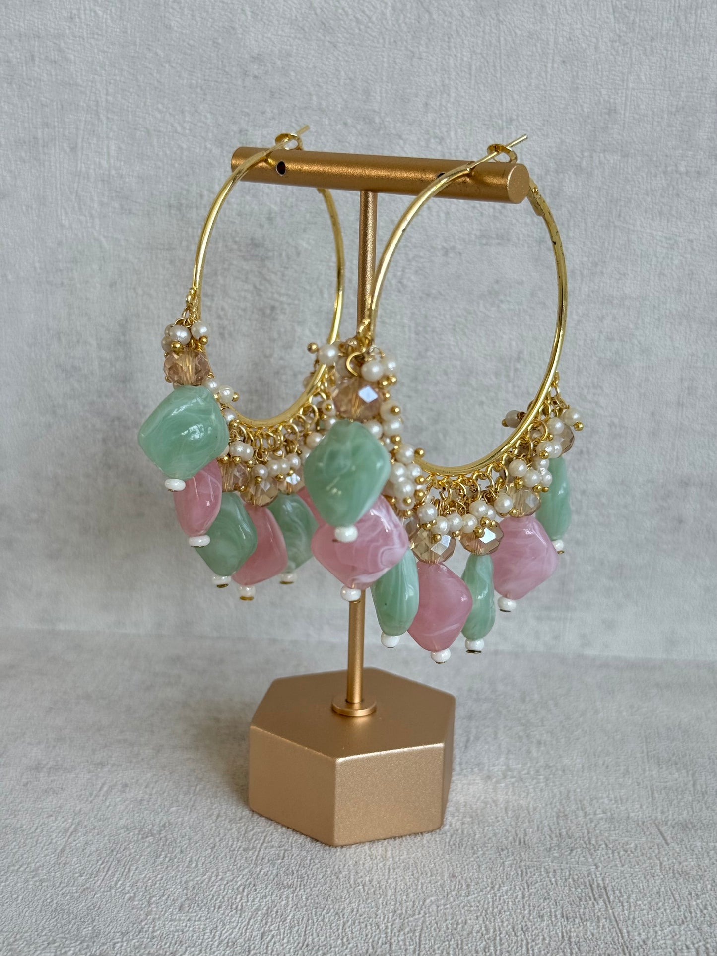 Ayura Designs Heer Balis – Gold Hoops with Mint & Blush Marble Beads, Pearls & Crystal Detailing