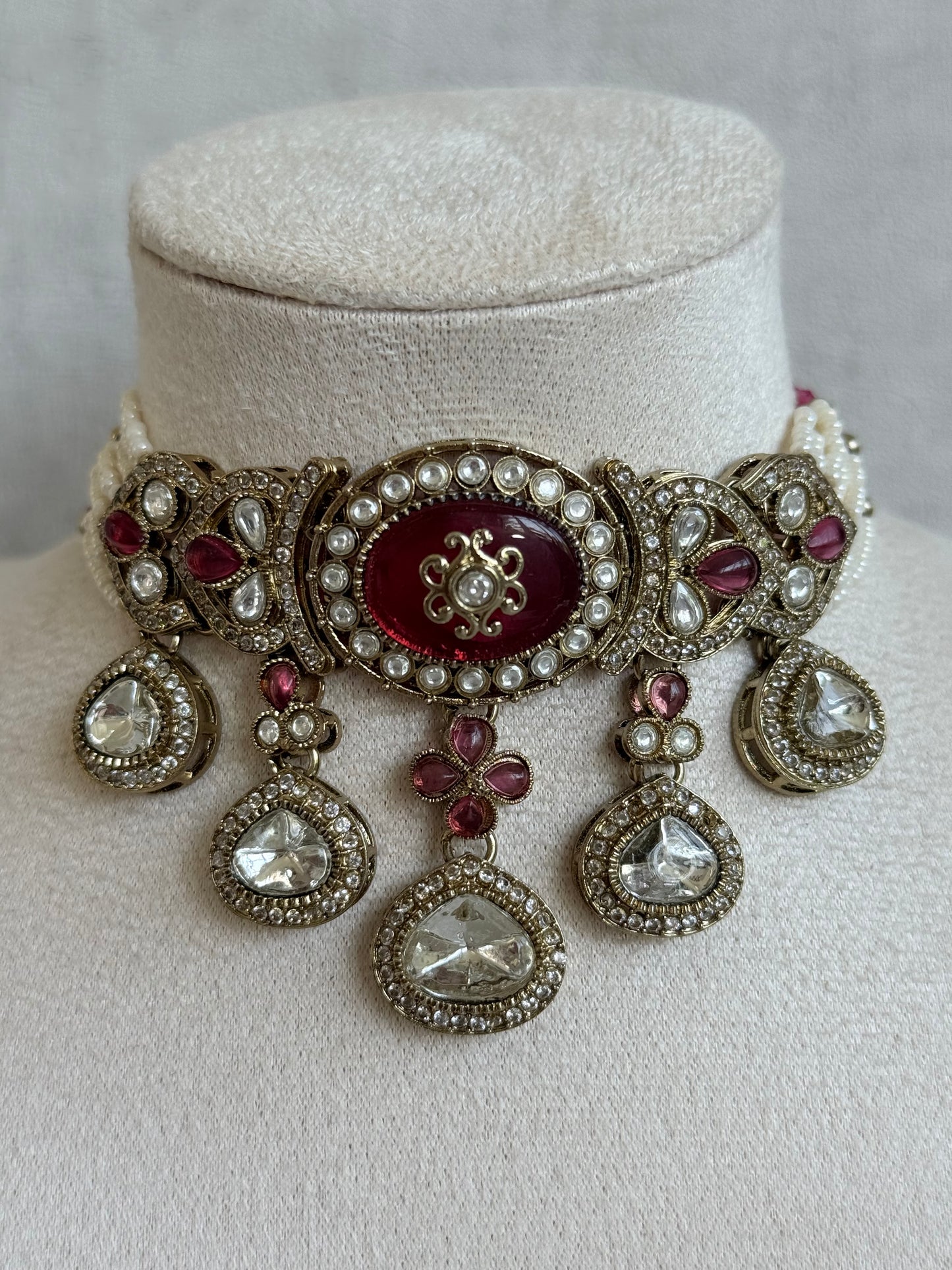 Ayura Designs Myra Choker Set with Earrings & Tikka – Ruby Pink Kundan & Pearl Detailing