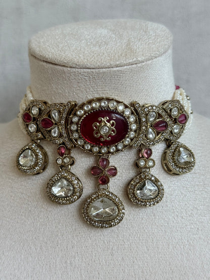 Ayura Designs Myra Choker Set with Earrings & Tikka – Ruby Pink Kundan & Pearl Detailing