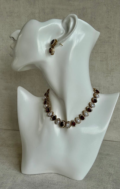 Ayura Designs Eira Set – Necklace, Earrings & Tikka with Ruby Red & Ivory Oval Stones in Antique Gold
