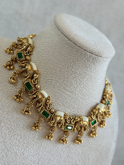 Ayura Designs Ruva Necklace Set with Earrings – Gold Finish, Emerald Green Stones, Ivory Detailing & Elephant Motifs