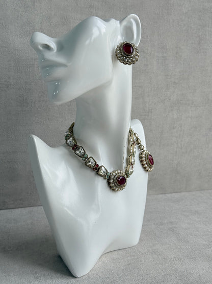 Ayura Designs Inza Necklace Set – Rani Pink & Mint Green Stones, Kundan & Crystals with Antique Gold Finish