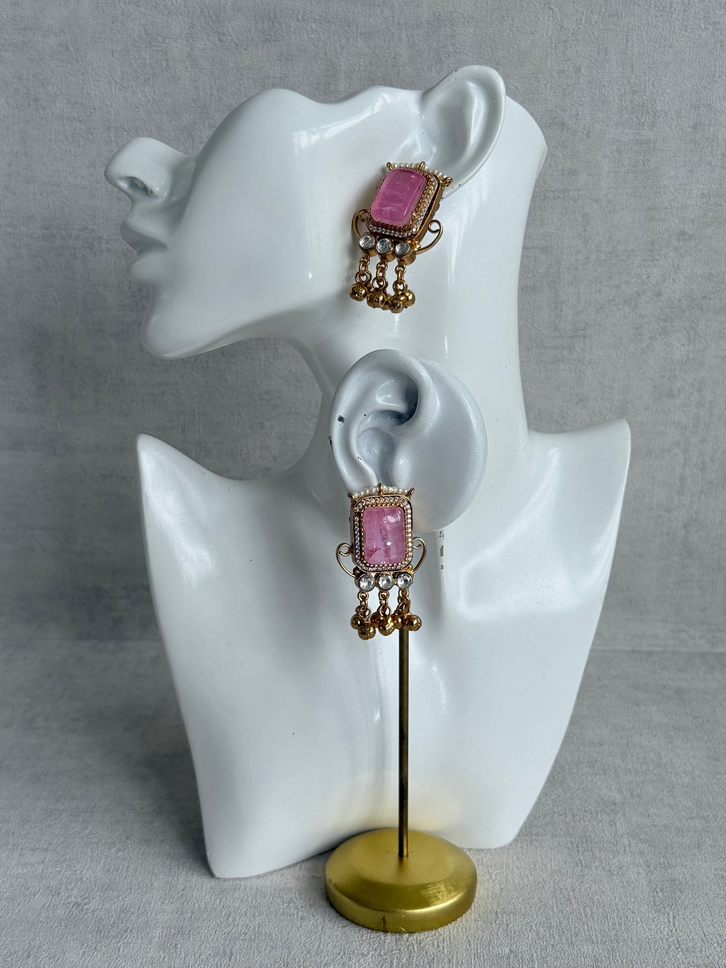 Ayura Designs Aleena Earrings – Blush Pink Stone Stud Earrings with Pearls & Ghungroo Detailing