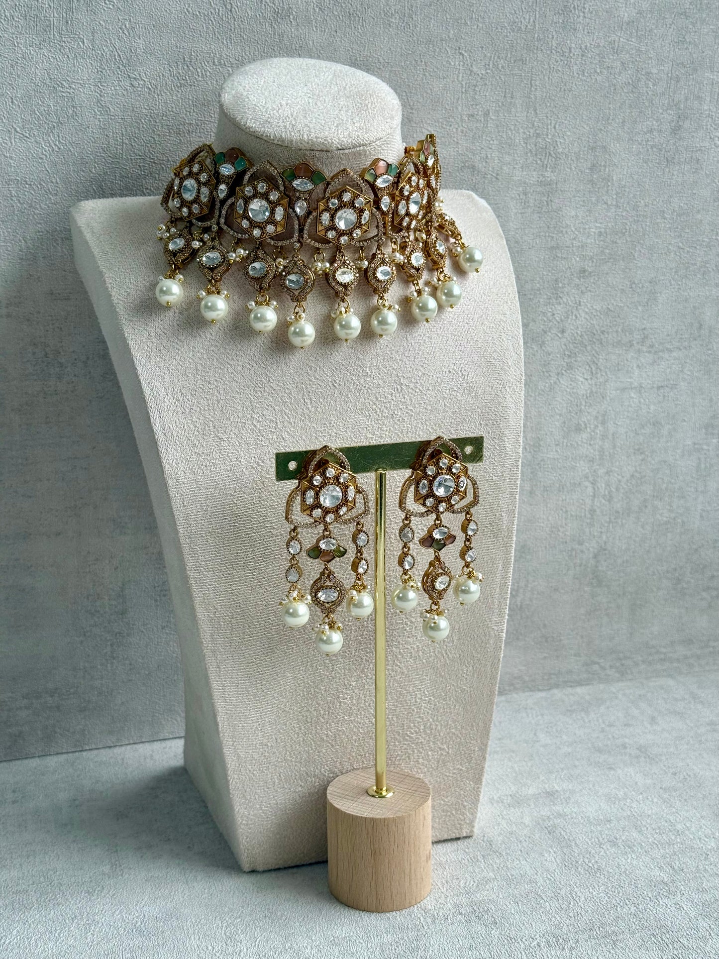 Ayura Designs Serina Choker Set with Earrings – Peach & Pistachio Enamel, Mirror-Cut Stones & Pearl Drops