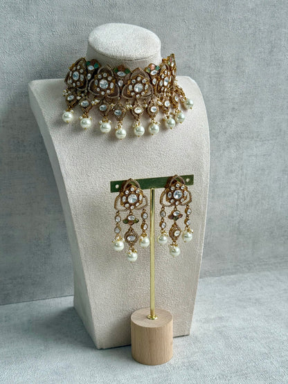 Ayura Designs Serina Choker Set with Earrings – Peach & Pistachio Enamel, Mirror-Cut Stones & Pearl Drops