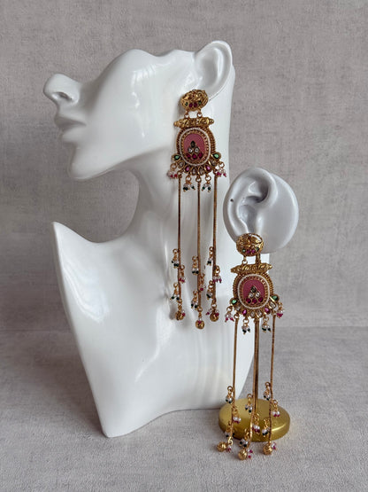 Ayura Designs Kaveri Earrings – Gold Long Chain Drop Earrings with Kundan, Pearls & Ghungroo Detailing – Rose Pink