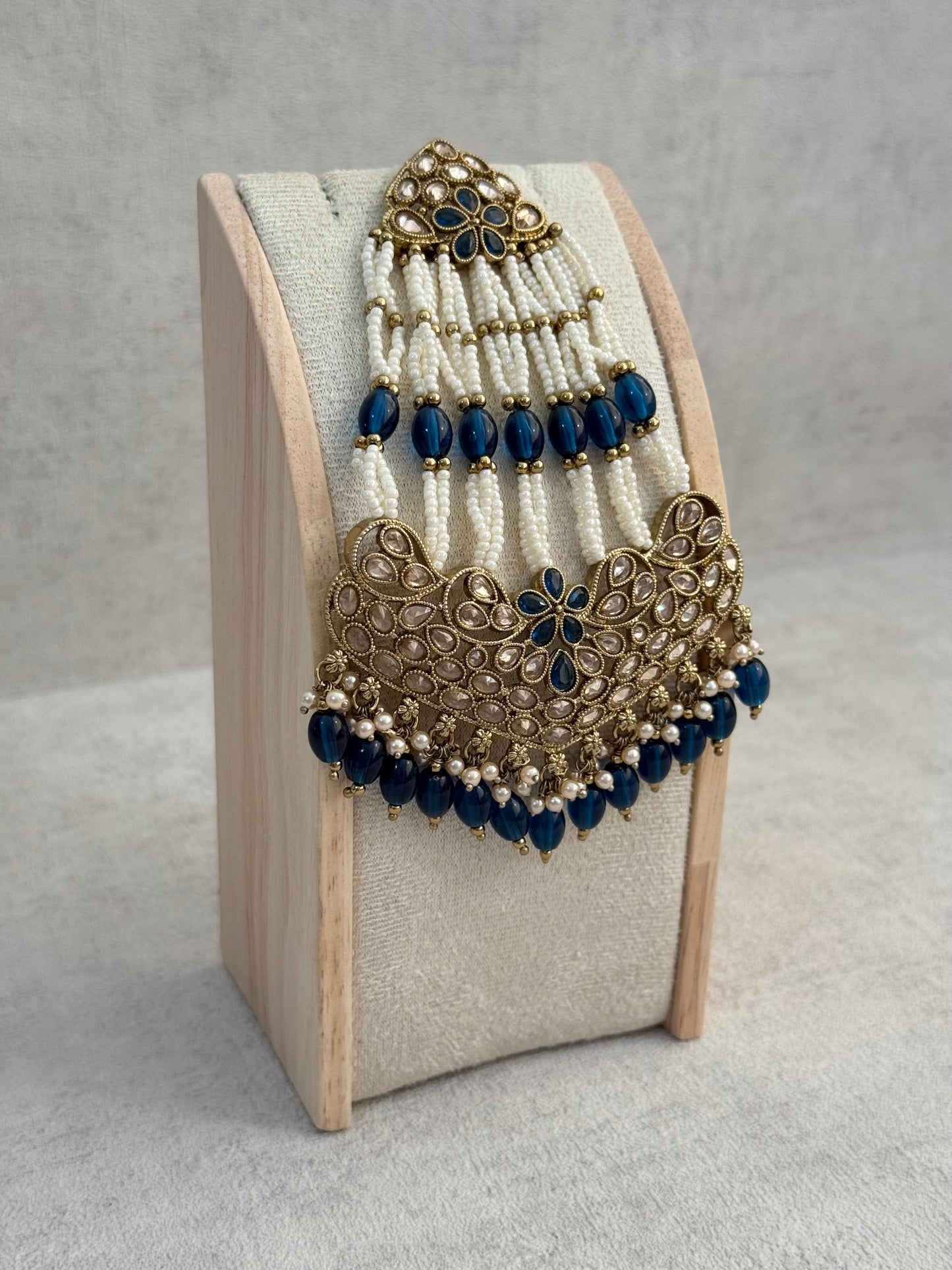 Ayura Designs Raya Jhoomar Passa – Ink Blue Beads with Kundan Detailing & Antique Gold Finish