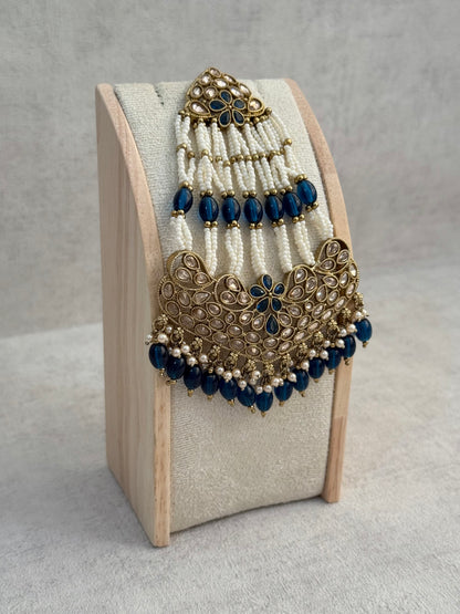 Ayura Designs Raya Jhoomar Passa – Ink Blue Beads with Kundan Detailing & Antique Gold Finish