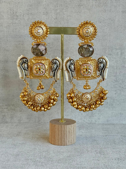Ayura Designs Soha Earrings – Antique Gold with Smoky Grey Stone & Oxidised Parrots