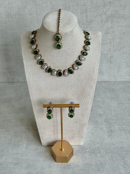 Ayura Designs Eira Set – Necklace, Earrings & Tikka with Emerald Green & Ivory Oval Stones in Antique Gold