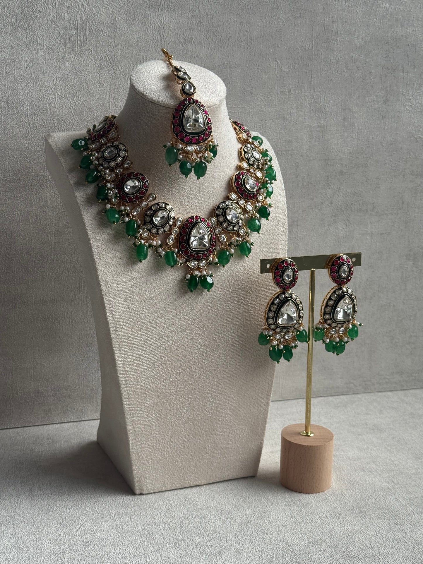 Ayura Designs Amaya Set with Necklace, Earrings & Tikka – Mirror-Cut Polki, Ruby Meenakari & Emerald Green Beads