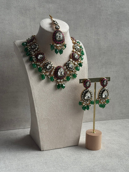 Ayura Designs Amaya Set with Necklace, Earrings & Tikka – Mirror-Cut Polki, Ruby Meenakari & Emerald Green Beads