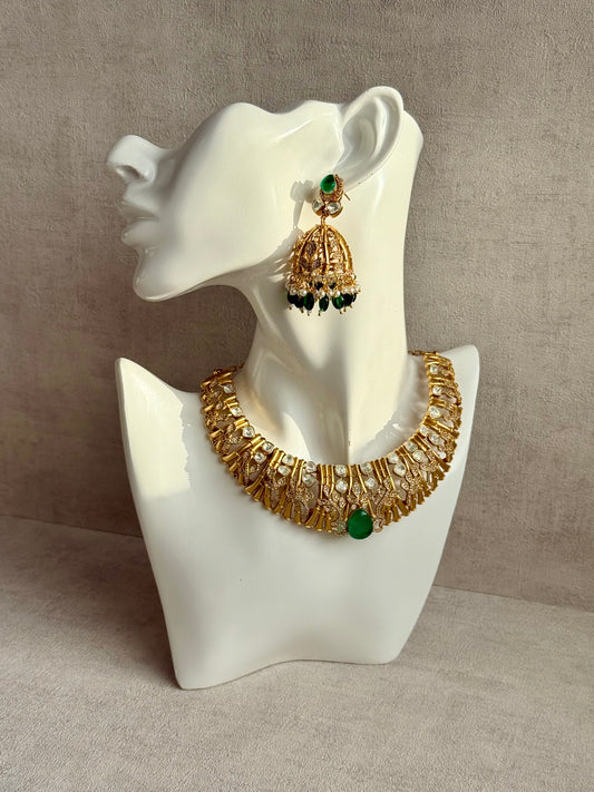 Ayura Designs Rami Collar Set with Jhumkis – Sculpted Gold Collar with Emerald Green Stone and Crystal Detailing