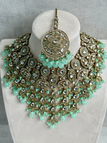 Ayura is Designs Tanya Bridal Set with Necklace, Earrings & Tikka – Pistachio Mint Beads, Mirror-Cut Stones and Antique Gold Finish
