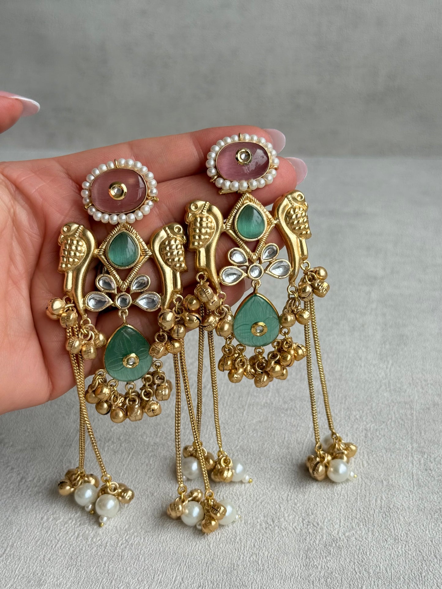 Ayura Designs Mehrun Earrings – Kashmiri Earrings with Mint Green Stones, Blush Pink Detailing & Pearl Drop Chains