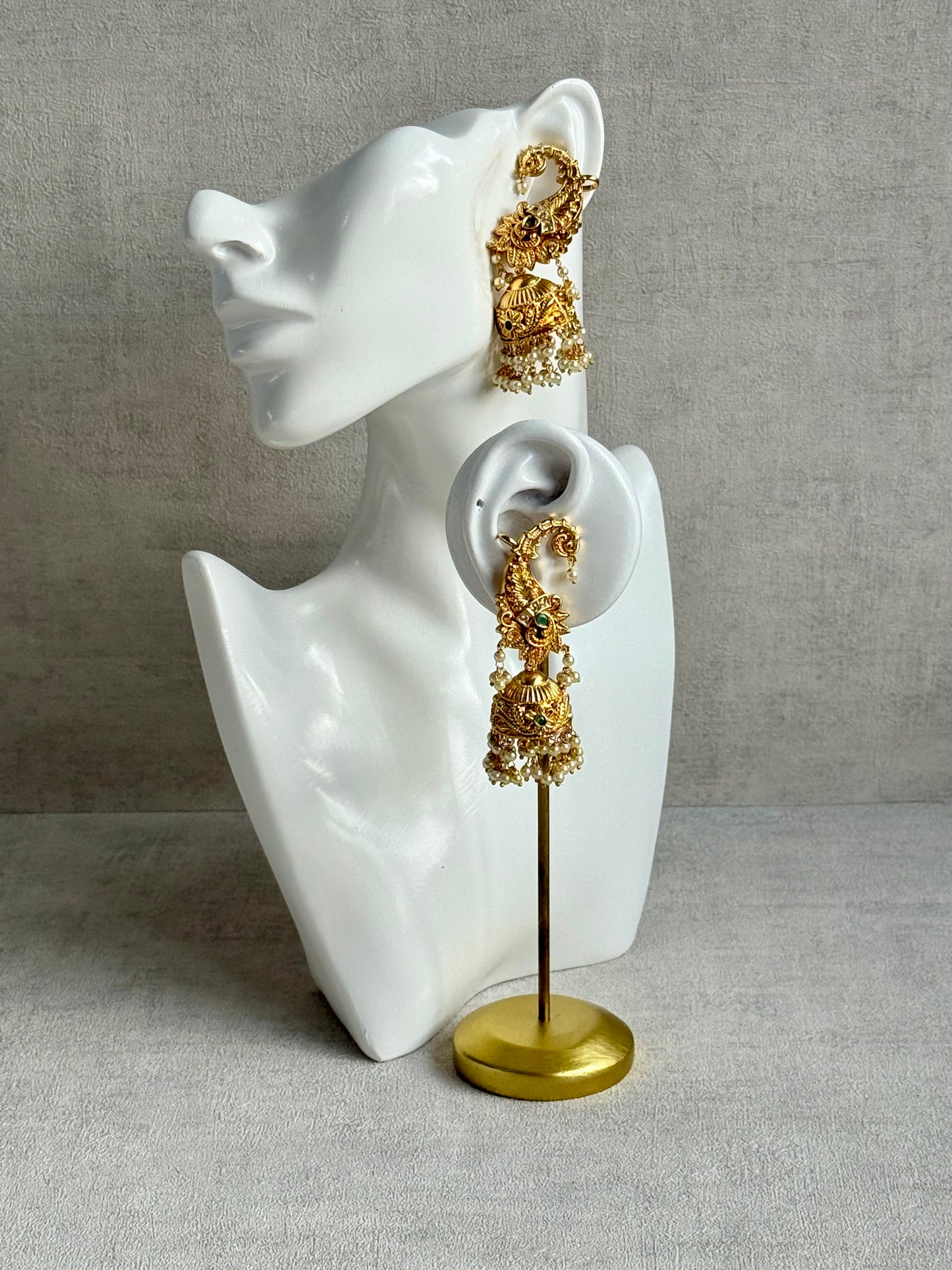 Ayura Designs Anika Jhumkis – Gold Half Ear Cuffs with Peacock Motif, Green Stone Accents, Kundan Crystals & Pearl Jhumka Drops