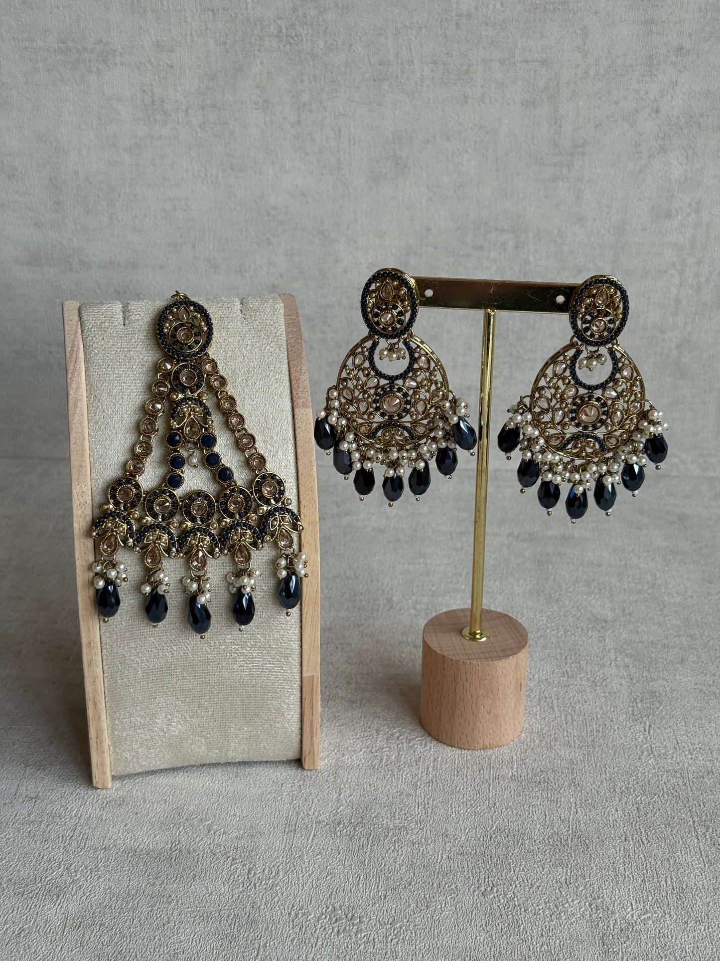 Ayura Designs Almas Tikka Set with Earrings, Tikka & Sahara – Midnight Blue Beads & Antique Gold Finish