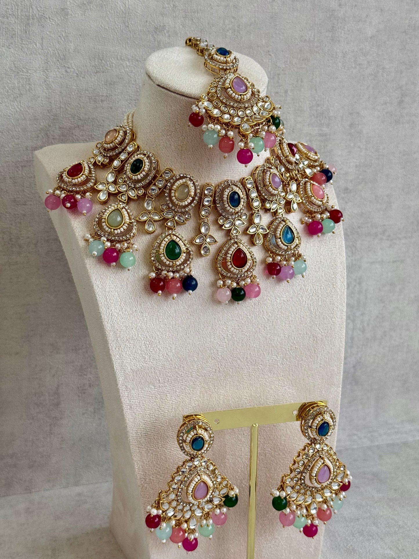 Ayura Designs Janvi Set with Necklace, Earrings & Tikka – Kundan Detailing, Multicolour Beads & Pearl Drops