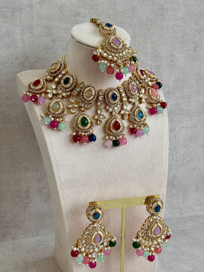Ayura Designs Janvi Set with Necklace, Earrings & Tikka – Kundan Detailing, Multicolour Beads & Pearl Drops