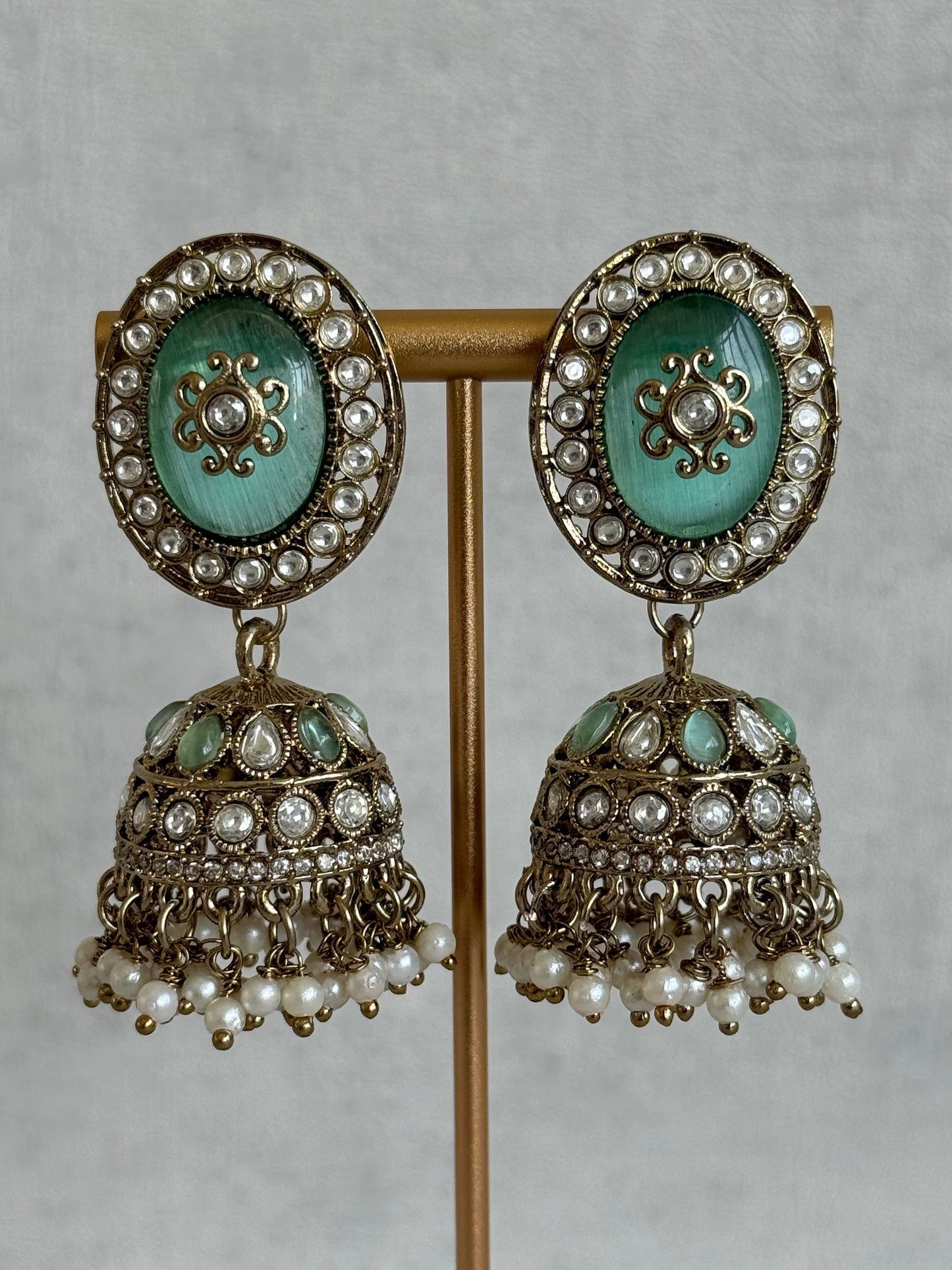 Ayura Designs Myra Choker Set with Jhumkis & Tikka – Mint Green Kundan & Pearl Detailing