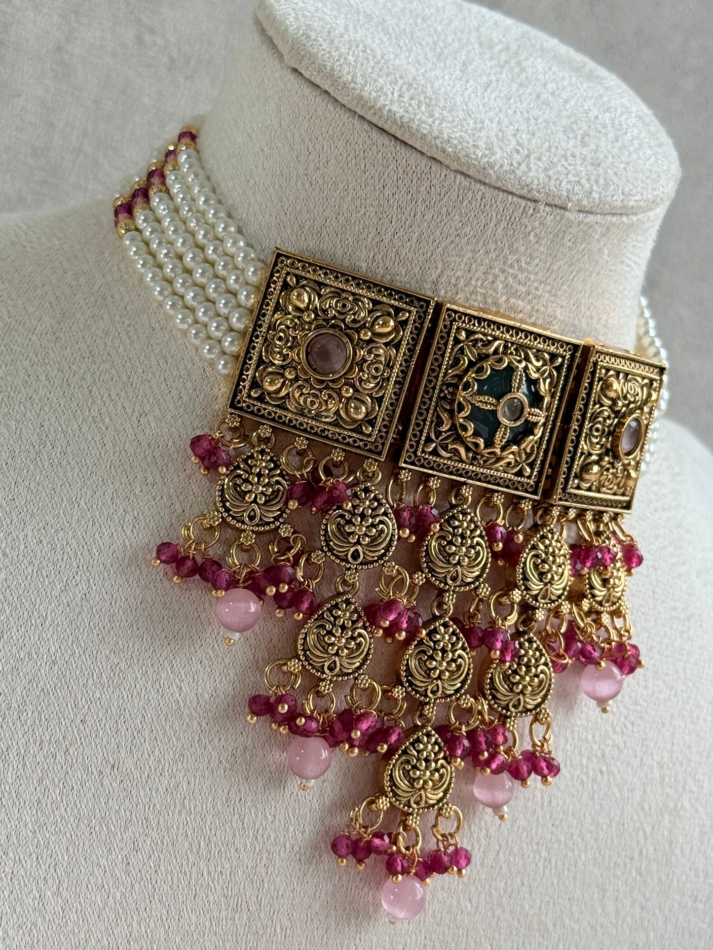 Ayura Designs Samera Choker Set with Earrings & Tikka – Rani Pink & Blush Pink Beads, Green Centre Stone, Floral Motifs & Antique Gold Finish