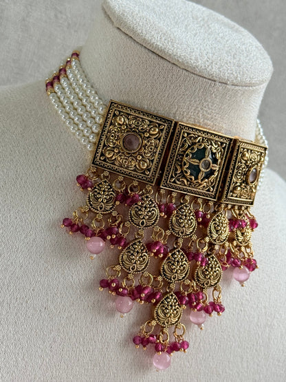 Ayura Designs Samera Choker Set with Earrings & Tikka – Rani Pink & Blush Pink Beads, Green Centre Stone, Floral Motifs & Antique Gold Finish