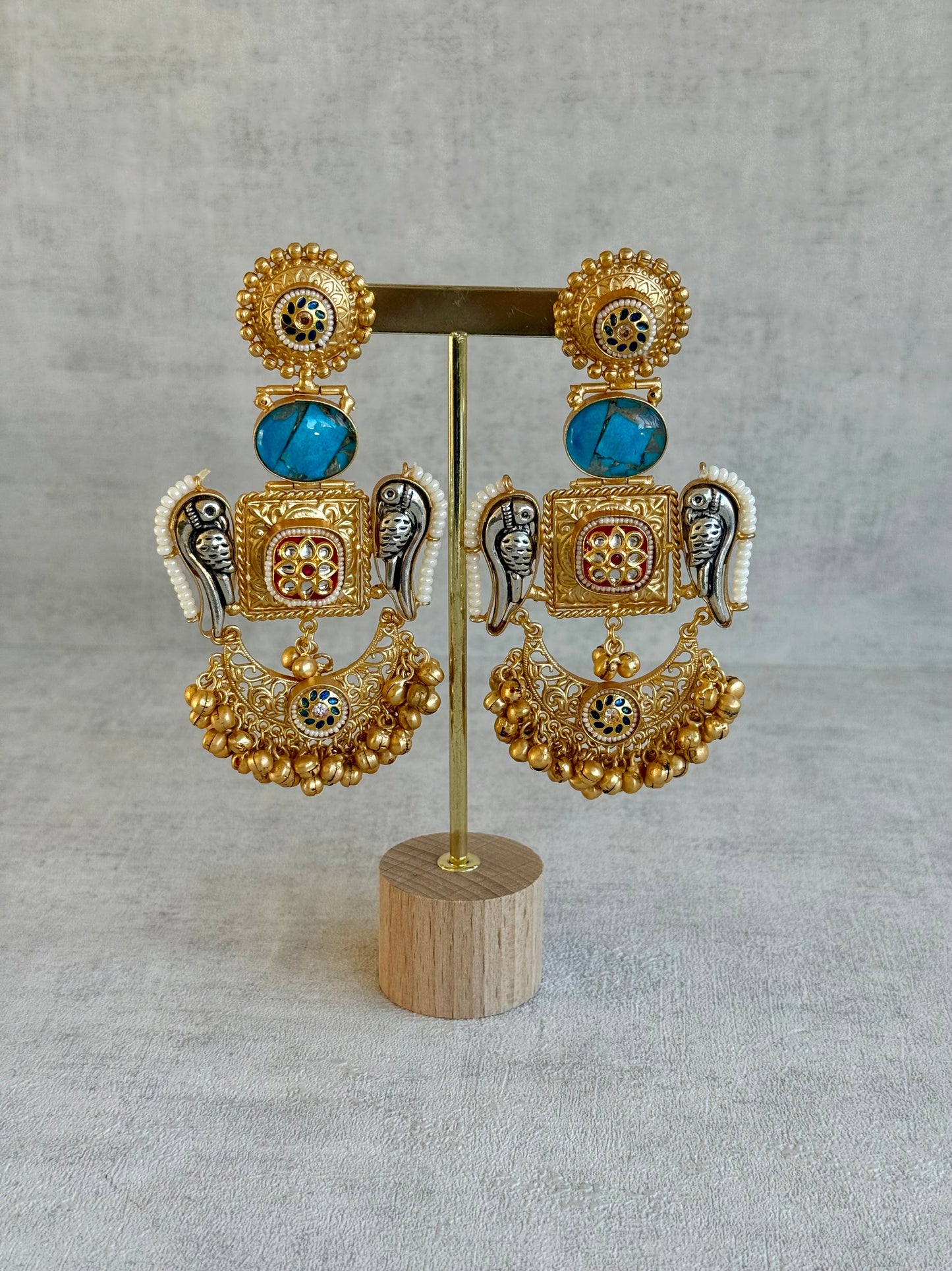 Ayura Designs Soha Earrings – Antique Gold with Turquoise Stone & Oxidised Parrots