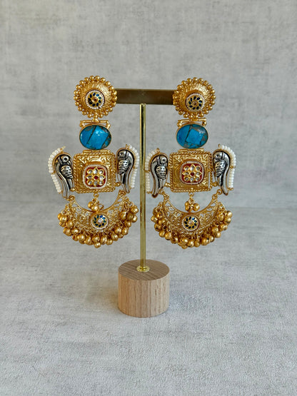 Ayura Designs Soha Earrings – Antique Gold with Turquoise Stone & Oxidised Parrots