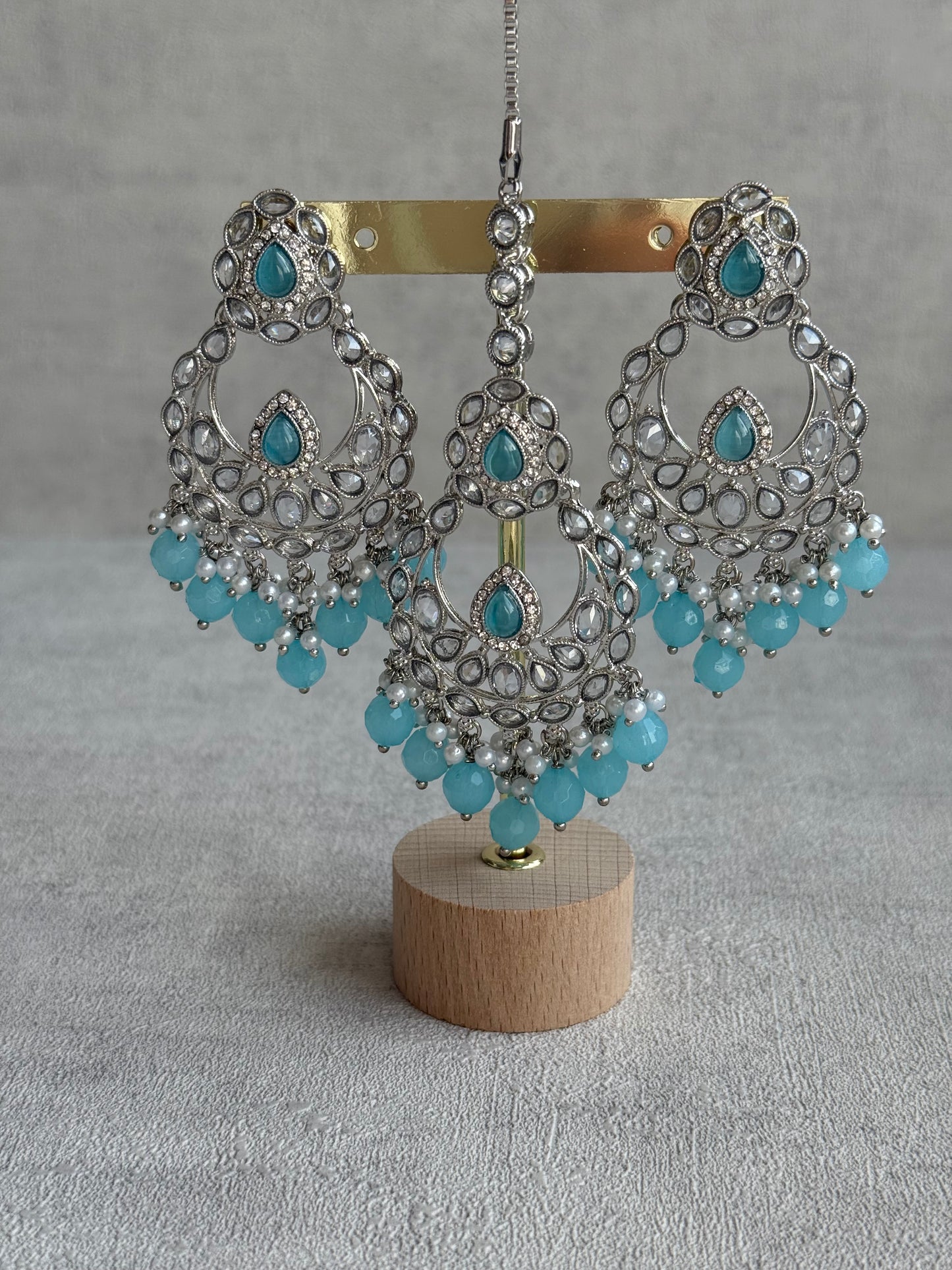 Ayura Designs Eknoor Set – Necklace, Tikka & Earrings with Aqua Blue Beads, Pearls and Silver Finish