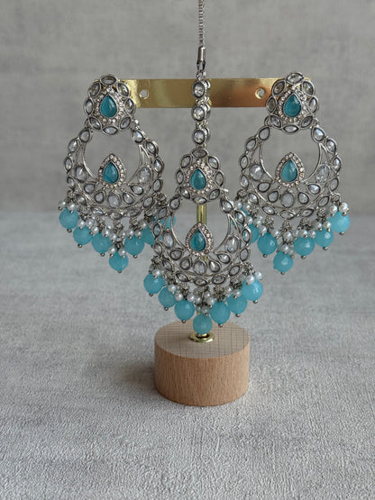 Ayura Designs Eknoor Set – Necklace, Tikka & Earrings with Aqua Blue Beads, Pearls and Silver Finish