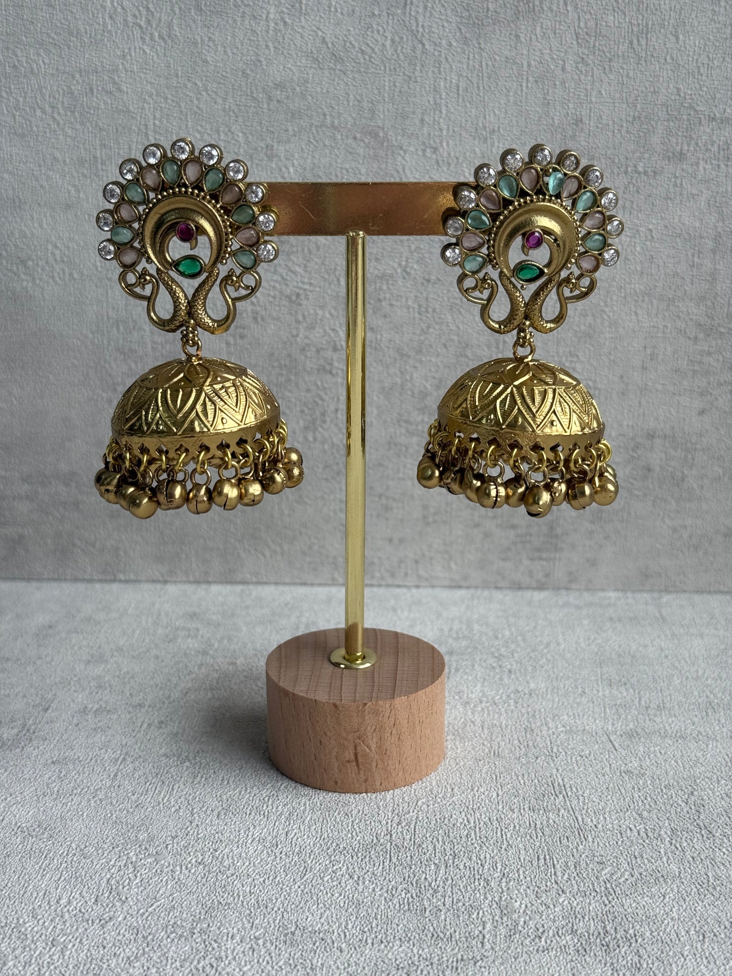 Ayura Designs Moraya Jhumkis – Mint Green & Blush Pink Peacock Motif with Antique Gold Detailing