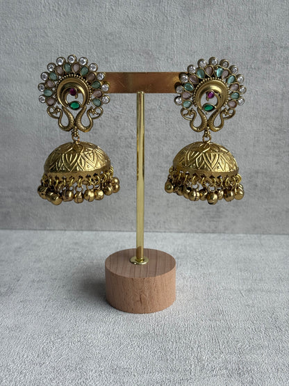 Ayura Designs Moraya Jhumkis – Mint Green & Blush Pink Peacock Motif with Antique Gold Detailing