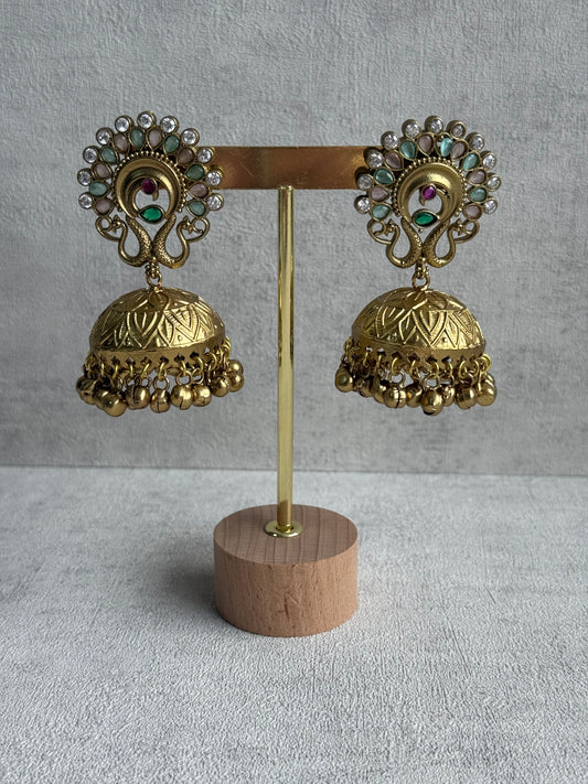 Ayura Designs Moraya Jhumkis – Mint Green & Blush Pink Peacock Motif with Antique Gold Detailing