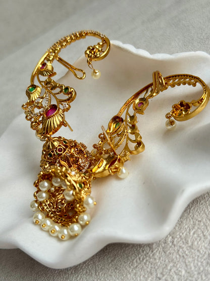 Ayura Designs Nalini Jhumkis – Gold Half Ear Cuffs with Multicolour Stone Accents, Crystal Detailing & Pearl Jhumka Drops