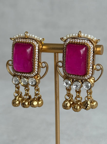 Ayura Designs Aleena Earrings – Rani Pink Stone Stud Earrings with Pearls & Ghungroo Detailing