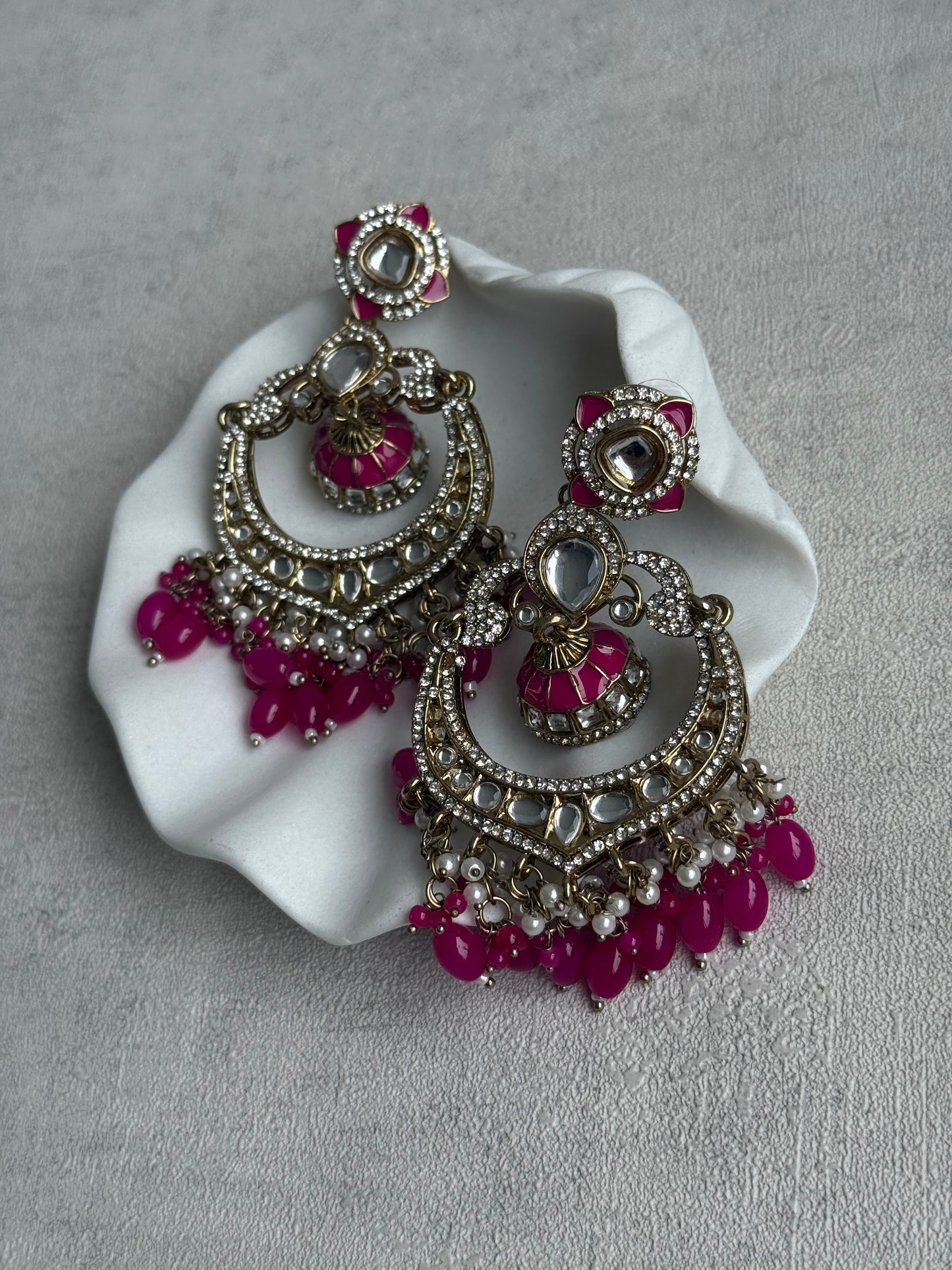 Ayura Designs Reha Earrings – Statement Chandbalis with Hot Pink Beads, Pearls & Mirror-Cut Stones